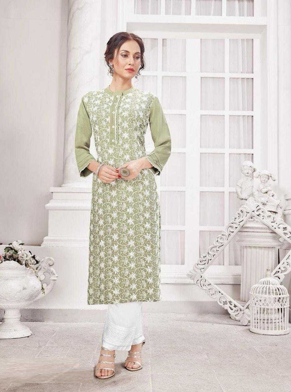 Light Green Rayon Lakhnavi Kurti with White Pants